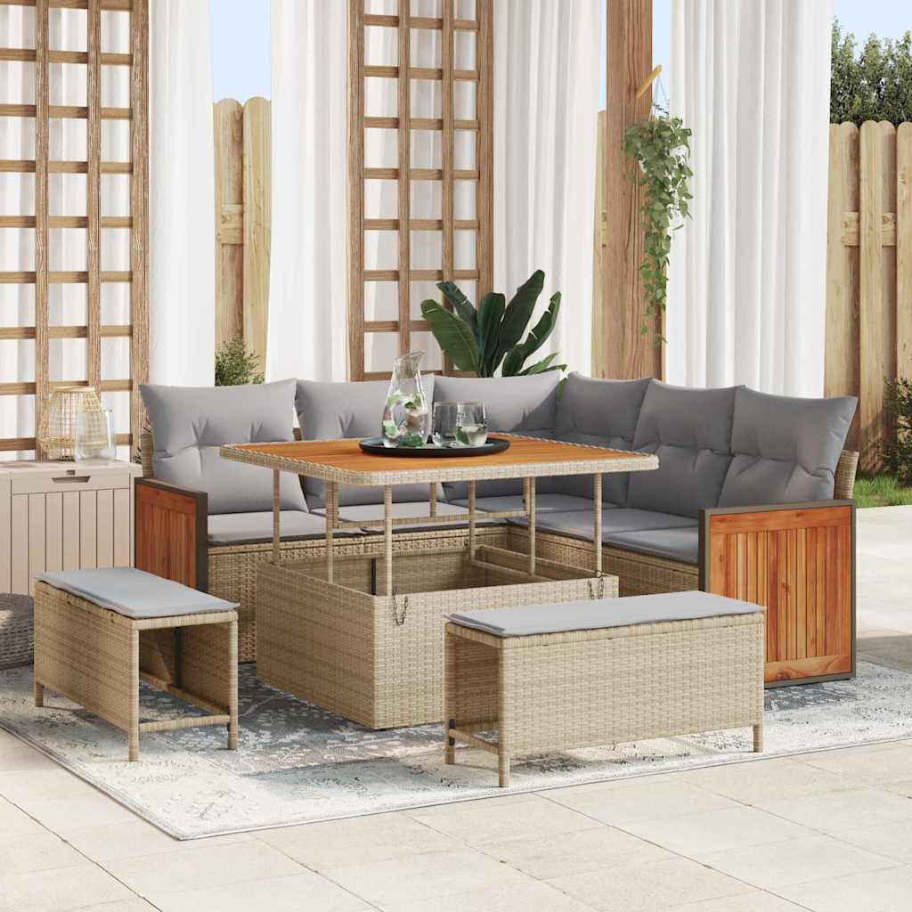 Tuinbankenset met kussen 9 pcs Beige en Licht Grijs poly rattan is nu te koop bij PeponiXL, paradijselijk wonen!