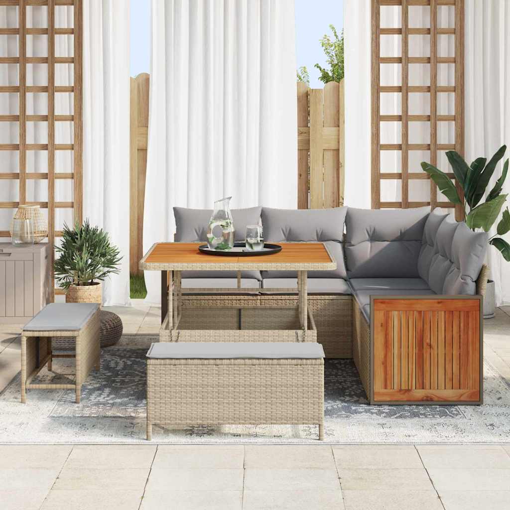 Tuinbankenset met kussen 9 pcs Beige en Licht Grijs poly rattan is nu te koop bij PeponiXL, paradijselijk wonen!