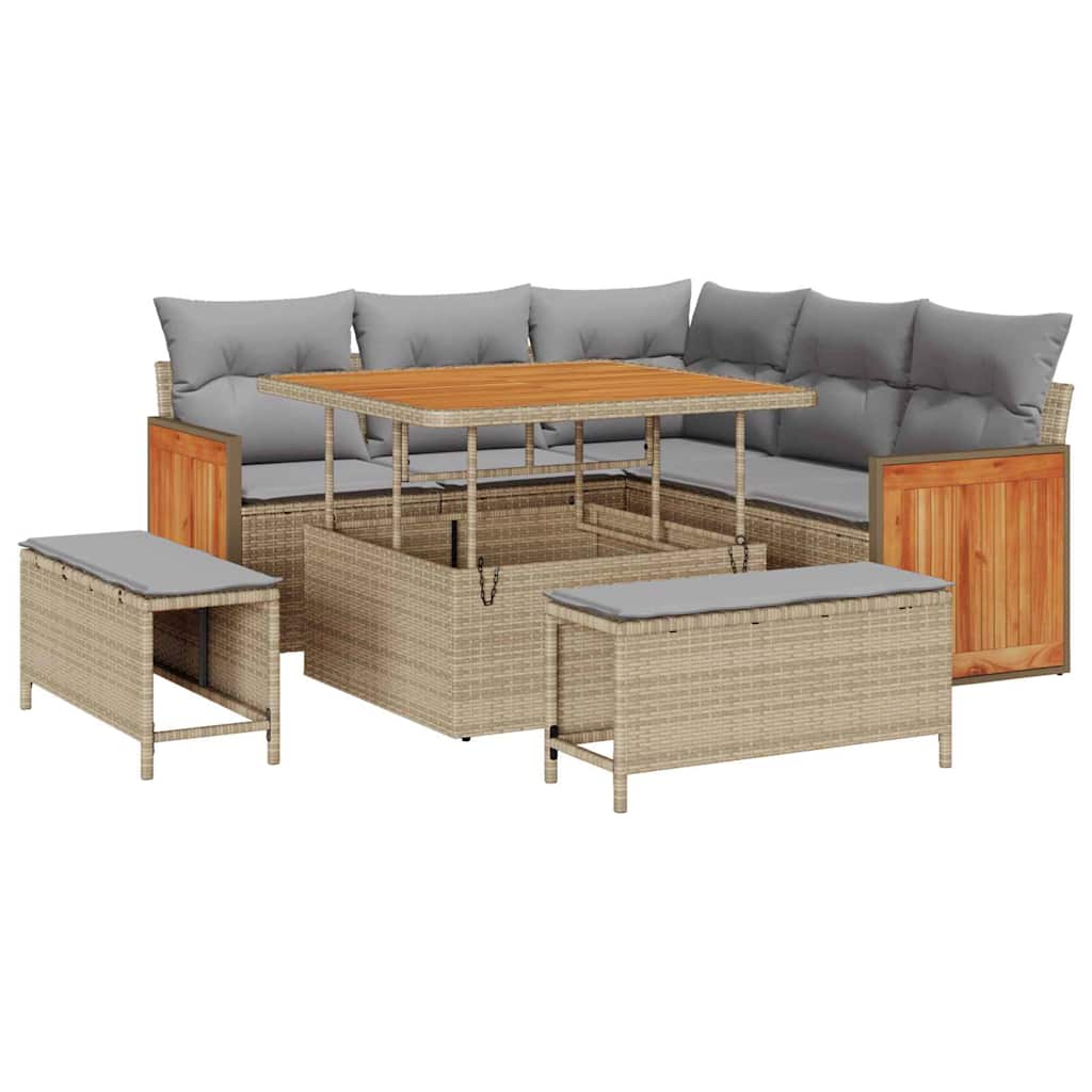 Tuinbankenset met kussen 9 pcs Beige en Licht Grijs poly rattan is nu te koop bij PeponiXL, paradijselijk wonen!