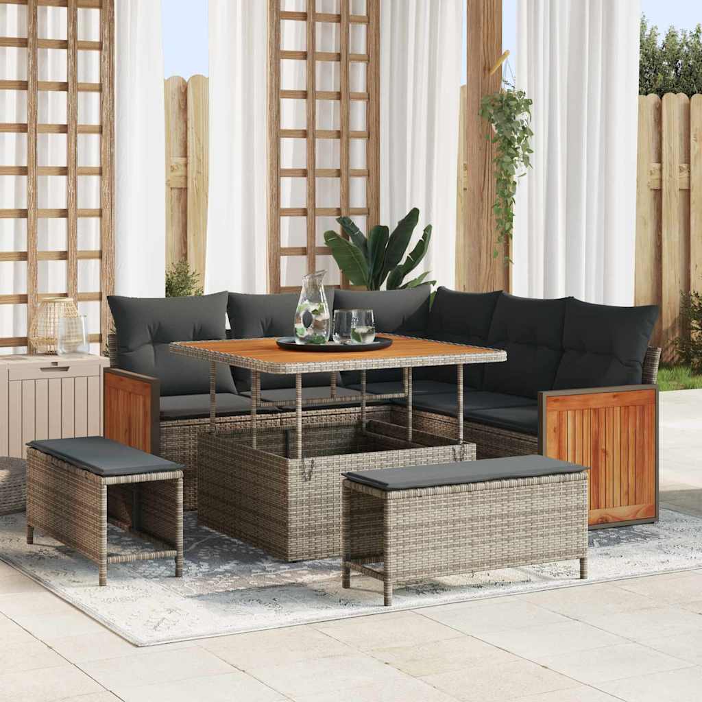Tuinbankenset met kussen 9 pcs Grijs poly rattan is nu te koop bij PeponiXL, paradijselijk wonen!
