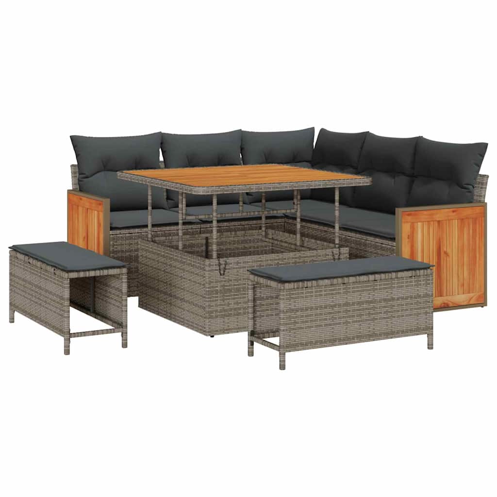 Tuinbankenset met kussen 9 pcs Grijs poly rattan is nu te koop bij PeponiXL, paradijselijk wonen!