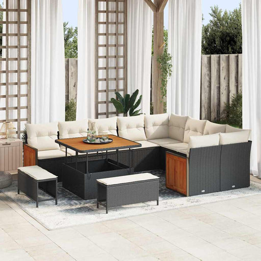 Tuinbankenset met kussen 13 pcs Zwart en Crème poly rattan is nu te koop bij PeponiXL, paradijselijk wonen!