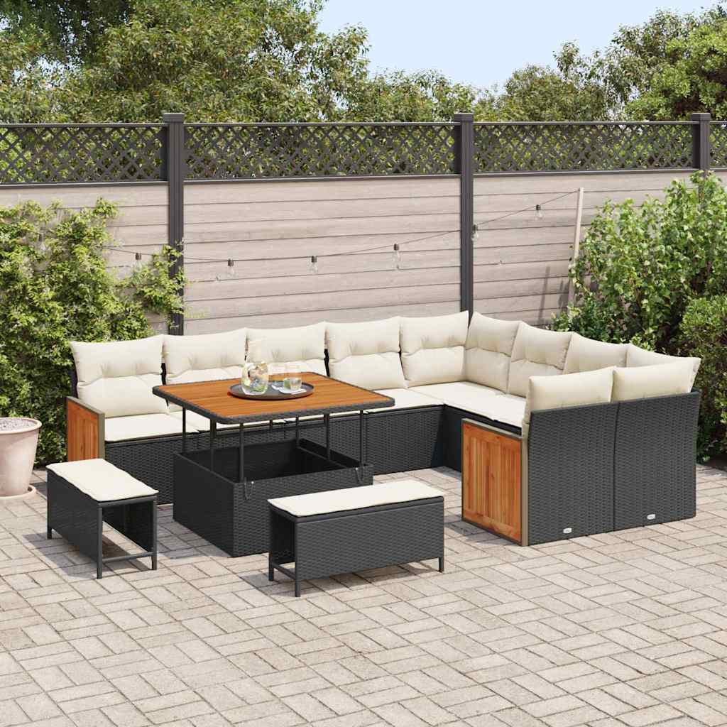 Tuinbankenset met kussen 13 pcs Zwart en Crème poly rattan is nu te koop bij PeponiXL, paradijselijk wonen!