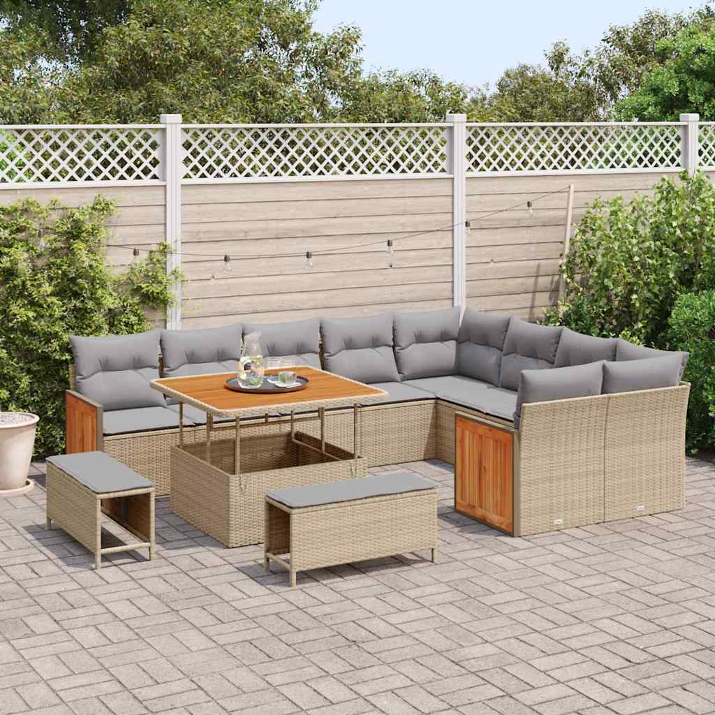 Tuinbankenset 13 pcs Beige en Licht Grijs poly rattan is nu te koop bij PeponiXL, paradijselijk wonen!