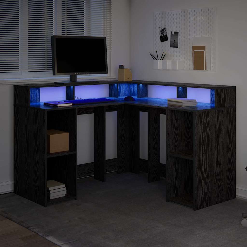 Bureau met plank Zwart Eiken 130 x 130 x 91 cm Bewerkt hout is nu te koop bij PeponiXL, paradijselijk wonen!