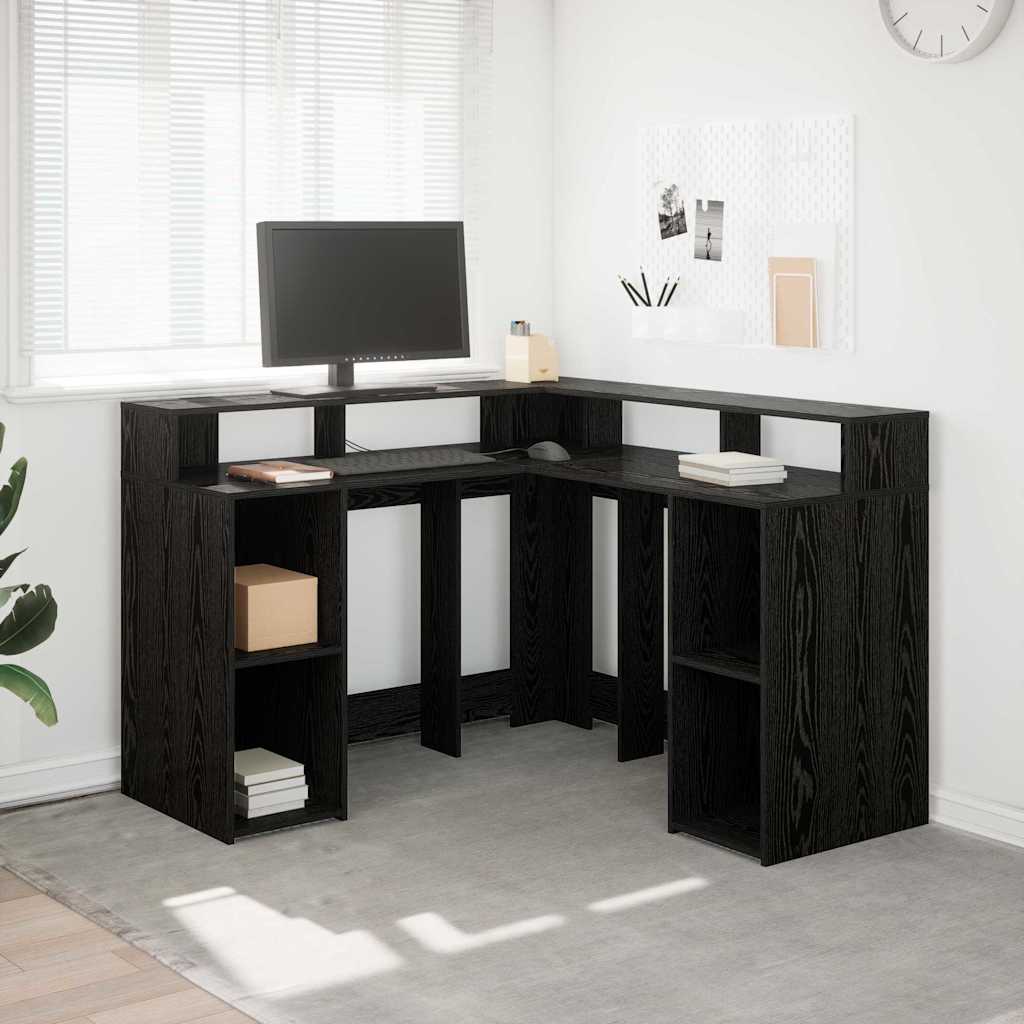 Bureau met plank Zwart Eiken 130 x 130 x 91 cm Bewerkt hout is nu te koop bij PeponiXL, paradijselijk wonen!
