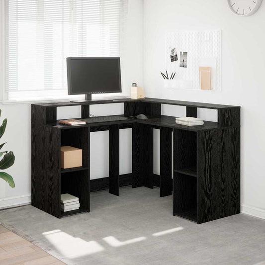 Bureau met plank Zwart Eiken 130 x 130 x 91 cm Bewerkt hout is nu te koop bij PeponiXL, paradijselijk wonen!