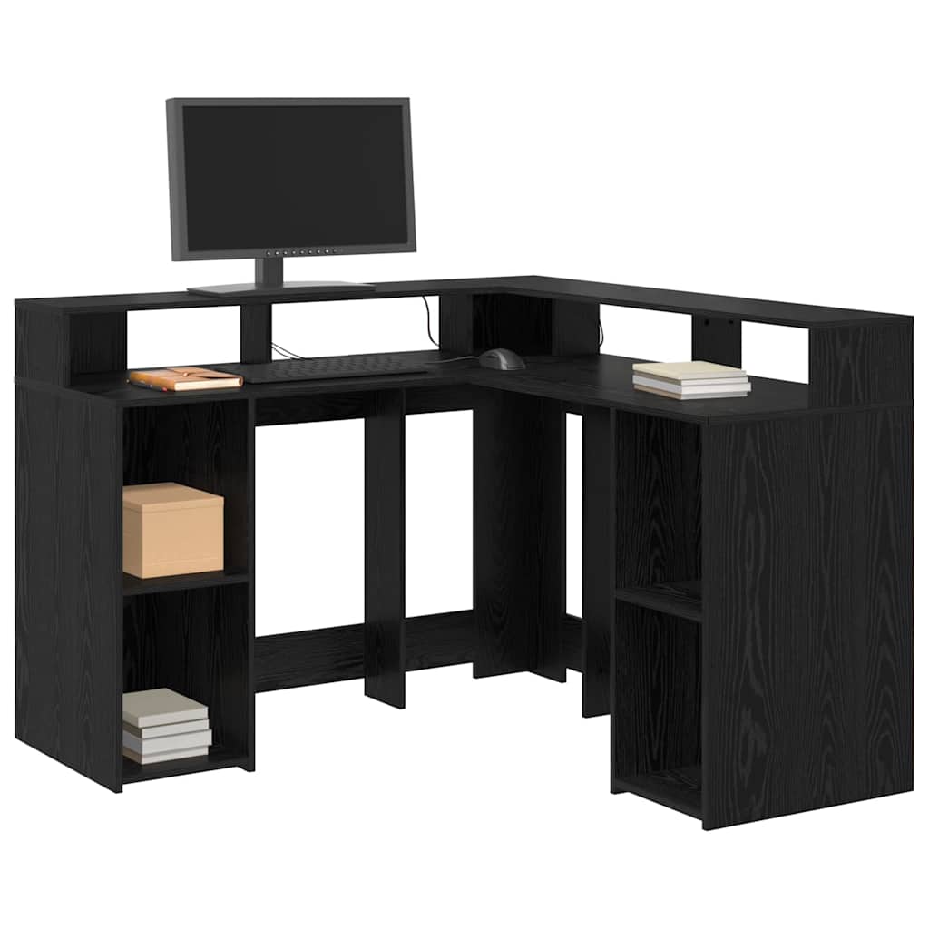 Bureau met plank Zwart Eiken 130 x 130 x 91 cm Bewerkt hout is nu te koop bij PeponiXL, paradijselijk wonen!