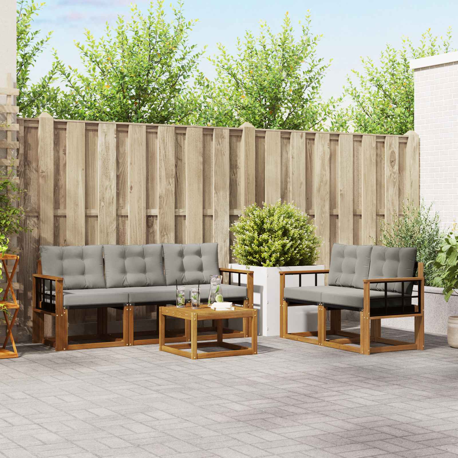 Buiten bankenset met kussen 6 pcs Natuurlijk en Lichtgrijs is nu te koop bij PeponiXL, paradijselijk wonen!