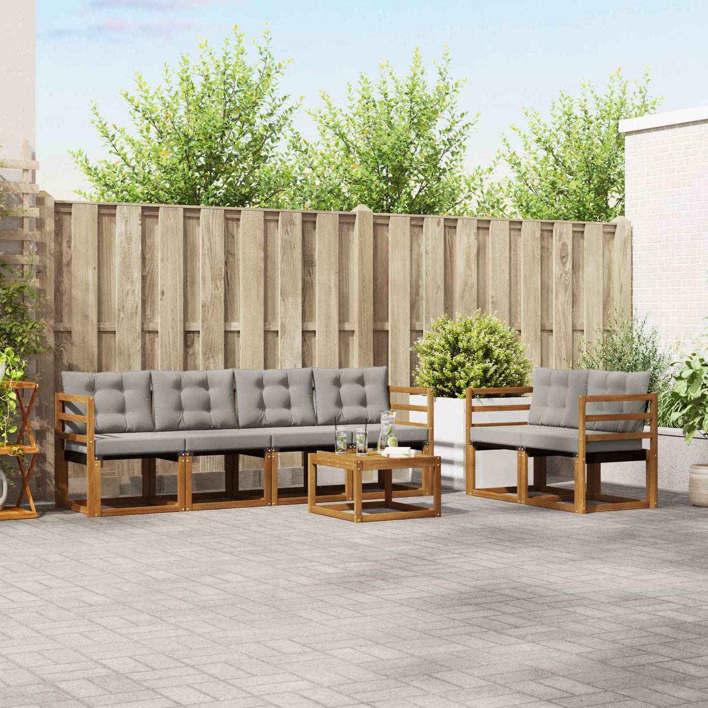 Buiten bankenset met kussen 7 pcs Natuurlijk en Lichtgrijs is nu te koop bij PeponiXL, paradijselijk wonen!