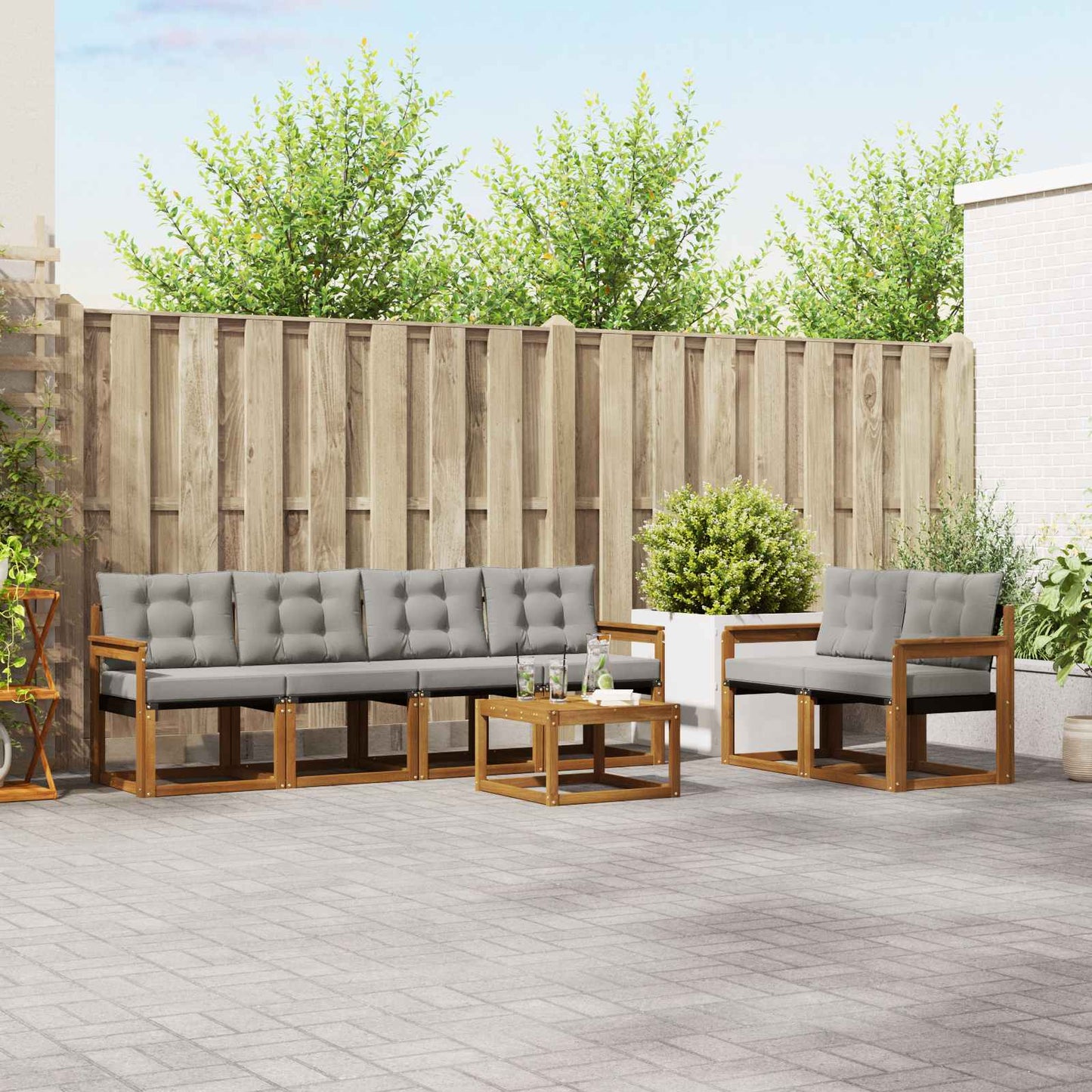 Buiten bankenset met kussen 7 pcs Natuurlijk en Lichtgrijs is nu te koop bij PeponiXL, paradijselijk wonen!