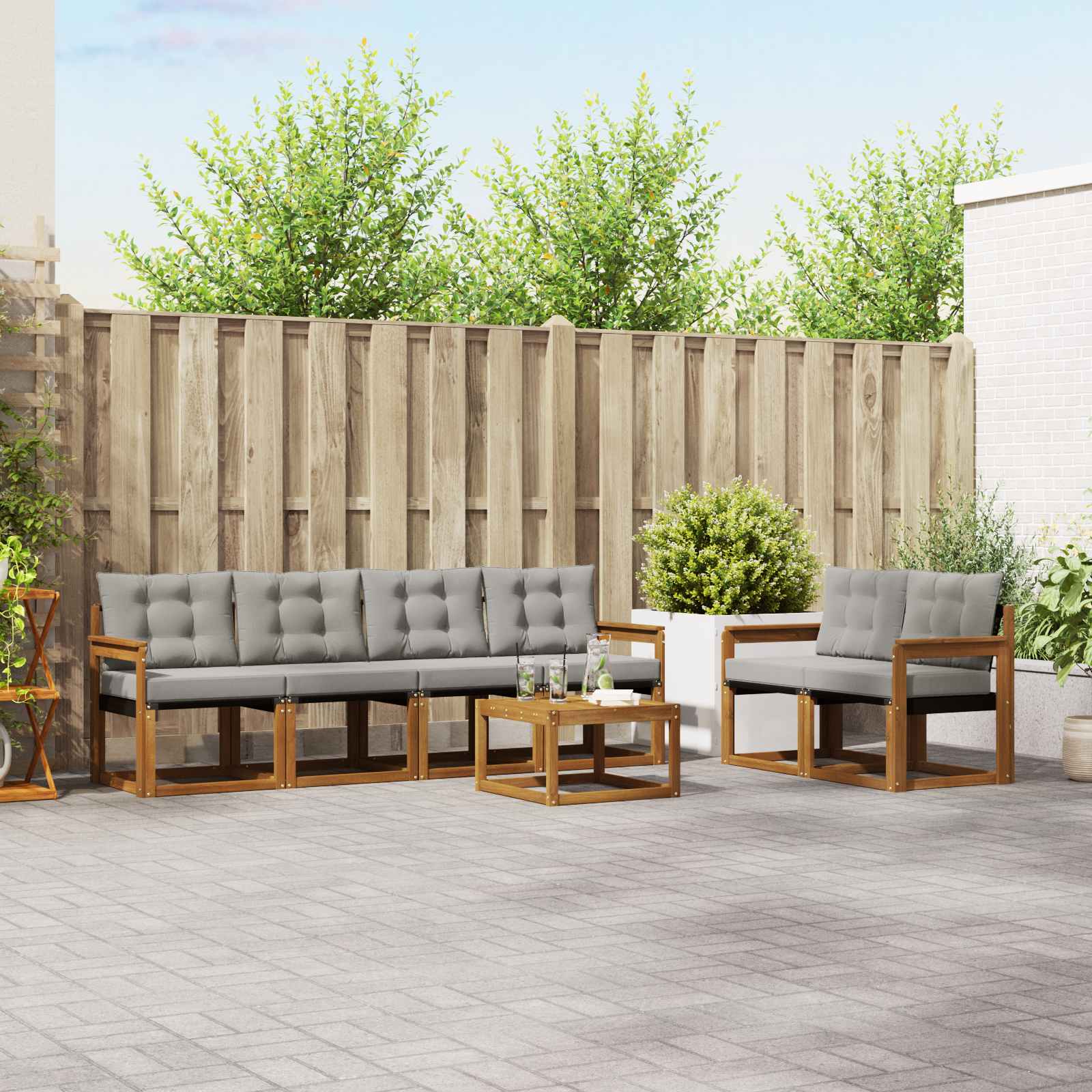 Buiten bankenset met kussen 7 pcs Natuurlijk en Lichtgrijs is nu te koop bij PeponiXL, paradijselijk wonen!