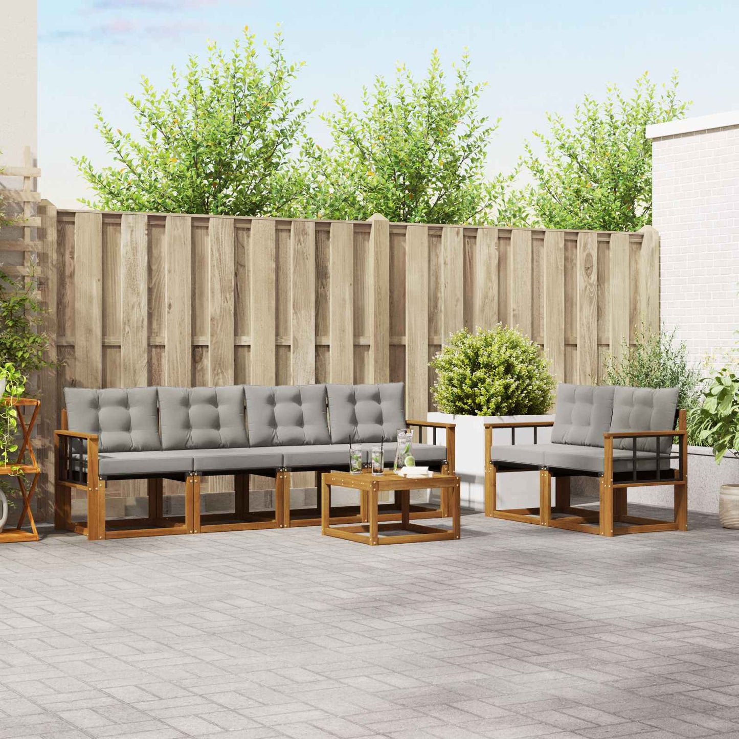 Buiten bankenset met kussen 7 pcs Natuurlijk en Lichtgrijs is nu te koop bij PeponiXL, paradijselijk wonen!