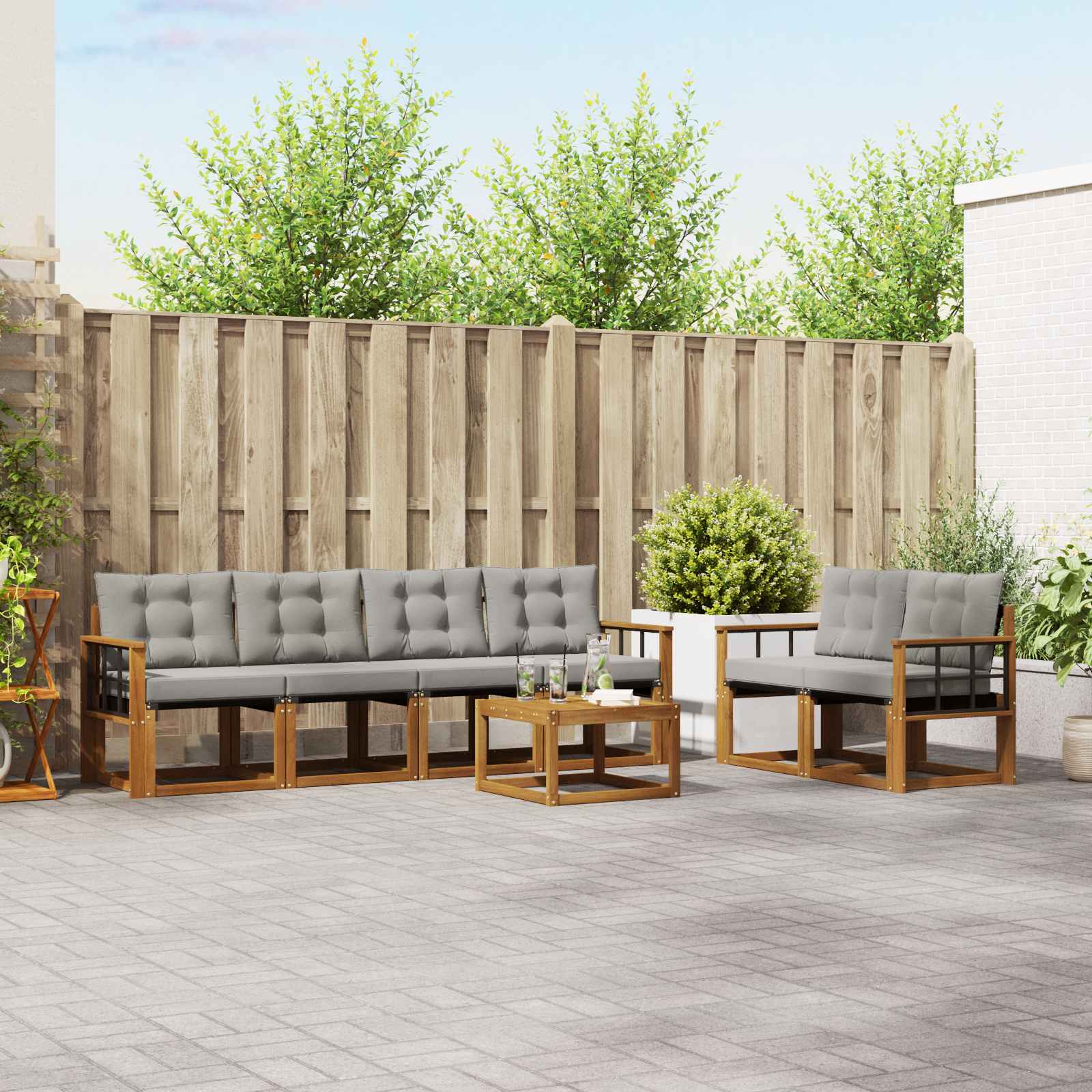 Buiten bankenset met kussen 7 pcs Natuurlijk en Lichtgrijs is nu te koop bij PeponiXL, paradijselijk wonen!