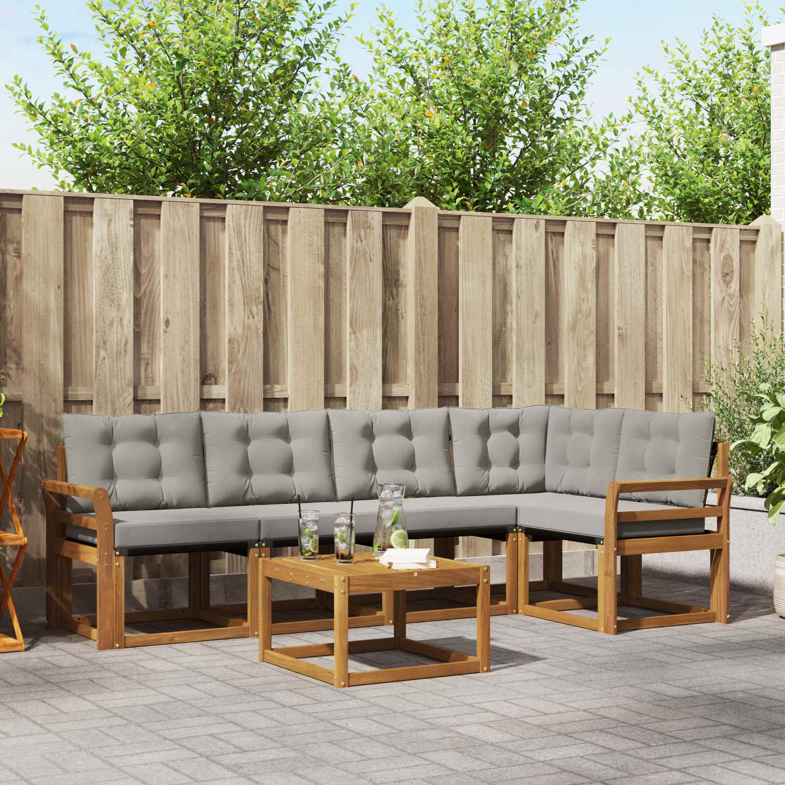 Buiten bankenset met kussen 6 pcs Natuurlijk en Lichtgrijs is nu te koop bij PeponiXL, paradijselijk wonen!
