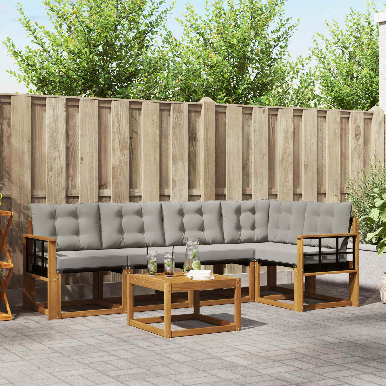Buiten bankenset met kussen 6 pcs Natuurlijk en Lichtgrijs is nu te koop bij PeponiXL, paradijselijk wonen!
