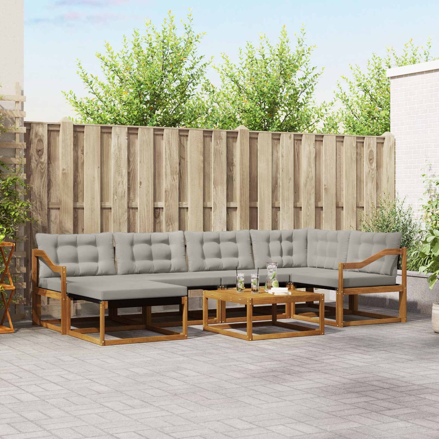 Buiten bankenset met kussen 7 pcs Natuurlijk en Lichtgrijs is nu te koop bij PeponiXL, paradijselijk wonen!