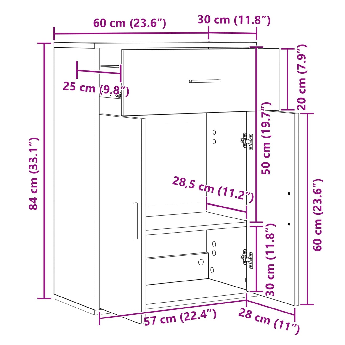 Dressoir met lade Zwart Eiken 60 x 30 x 84 cm Bewerkt hout is nu te koop bij PeponiXL, paradijselijk wonen!