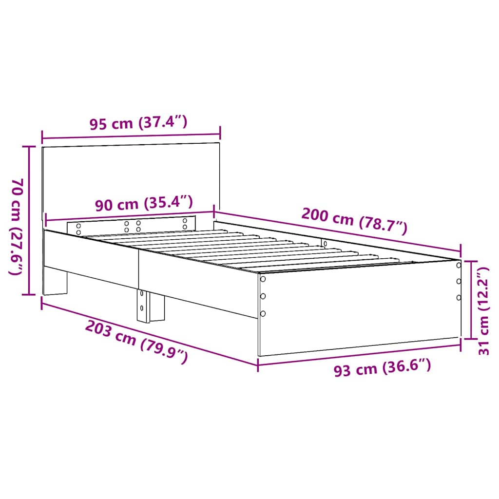 Bedframe met hoofdeinde Artisan Eiken 90 x 200 cm Bewerkt hout is nu te koop bij PeponiXL, paradijselijk wonen!
