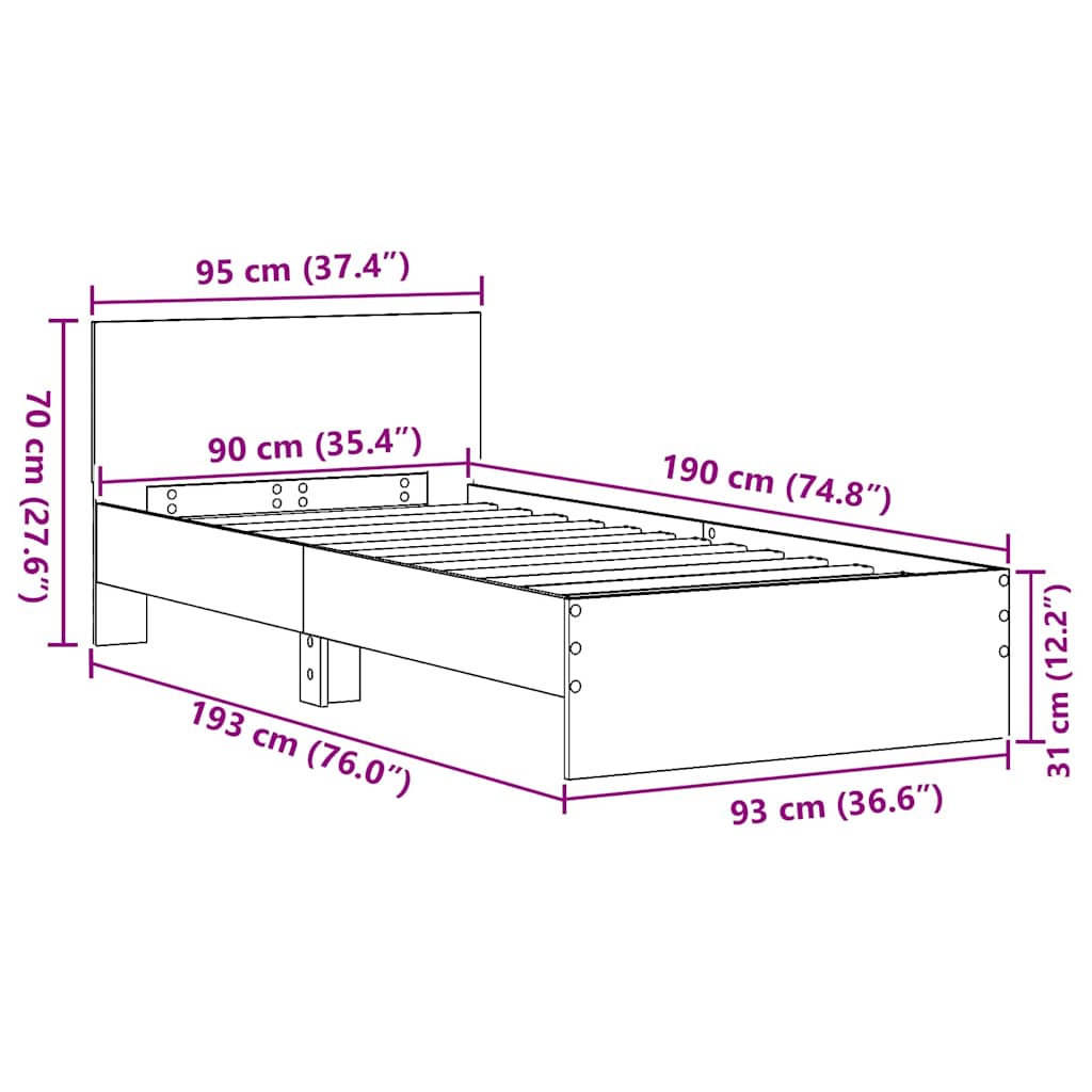 Bedframe met hoofdeinde Artisan Eiken 90 x 190 cm Bewerkt hout is nu te koop bij PeponiXL, paradijselijk wonen!