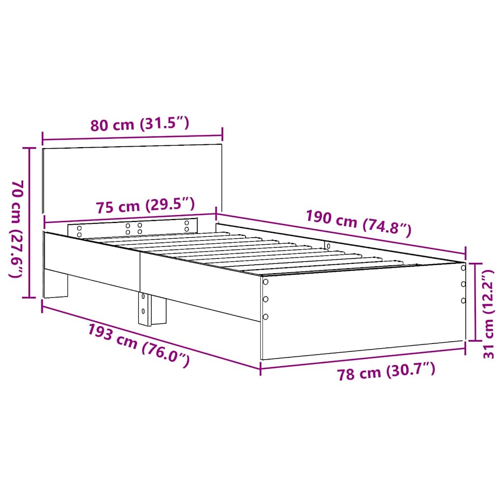 Bedframe met hoofdeinde Zwart Eiken 75 x 190 cm Bewerkt hout is nu te koop bij PeponiXL, paradijselijk wonen!