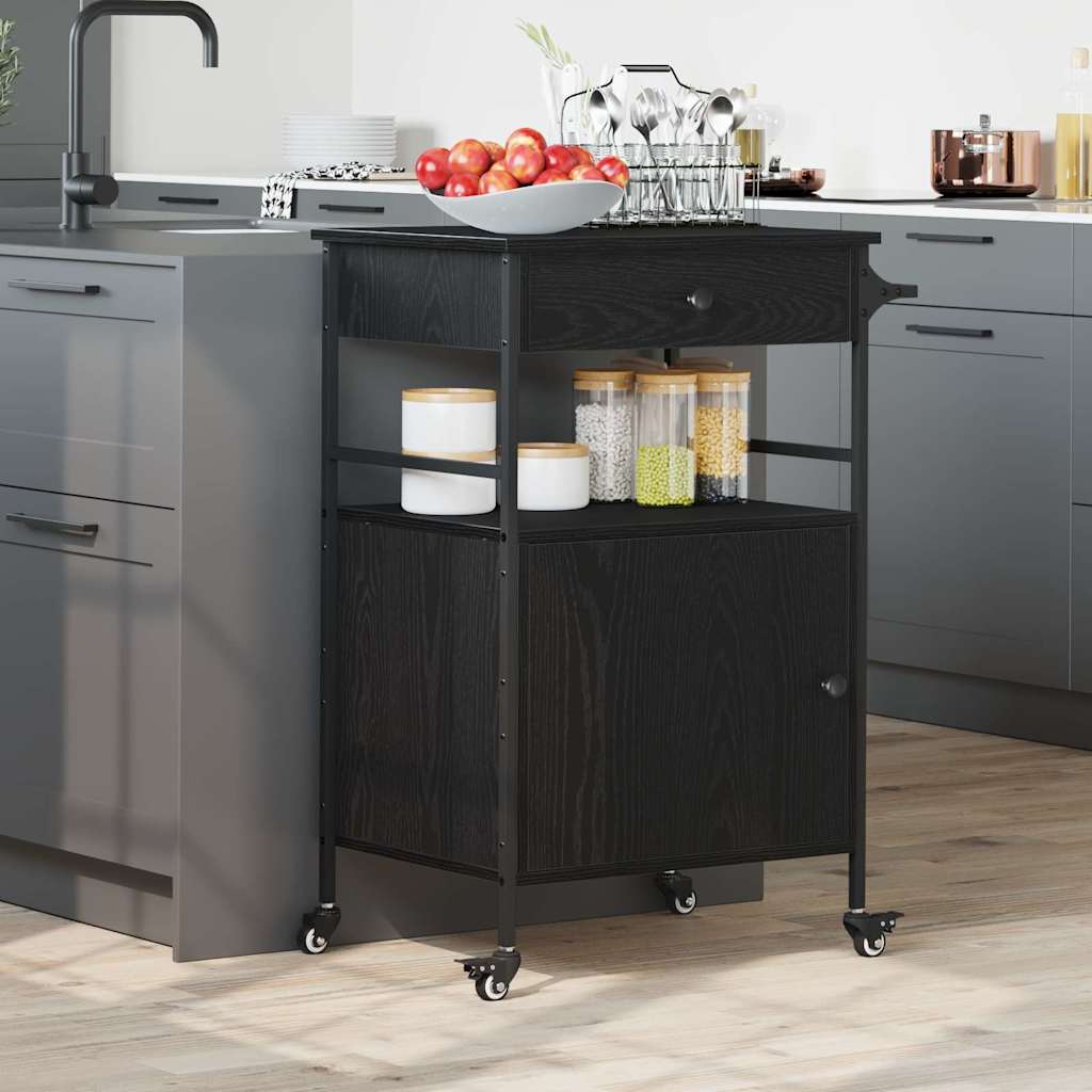 Keuken Trolley Zwart Eiken 56 x 43 x 89,5 cm Bewerkt hout is nu te koop bij PeponiXL, paradijselijk wonen!