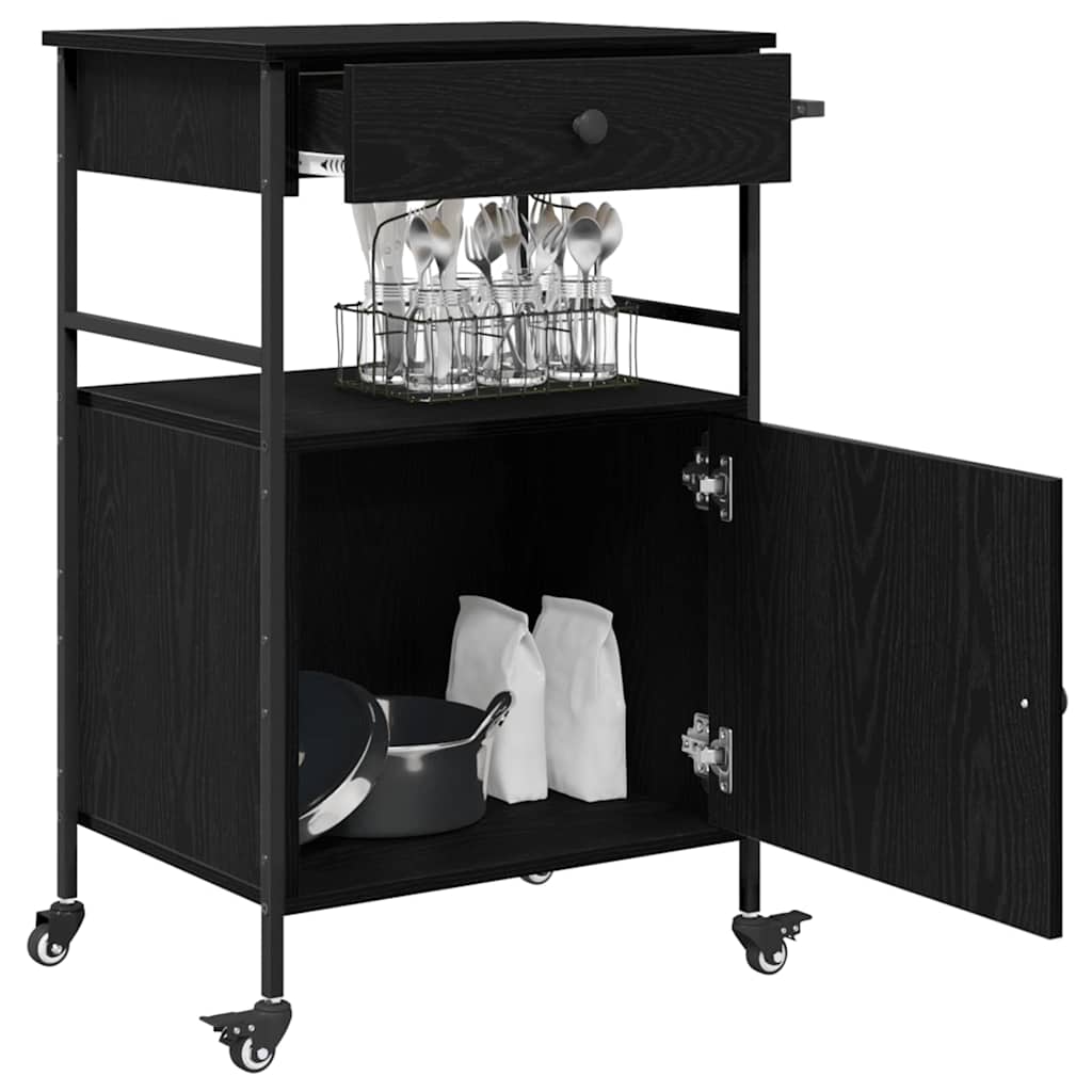 Keuken Trolley Zwart Eiken 56 x 43 x 89,5 cm Bewerkt hout is nu te koop bij PeponiXL, paradijselijk wonen!
