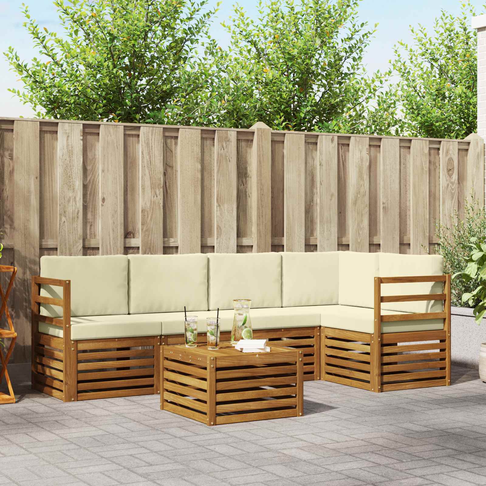 Hoekbank Set 6 pcs Natuurlijk en Crème Massief Acaciahout is nu te koop bij PeponiXL, paradijselijk wonen!