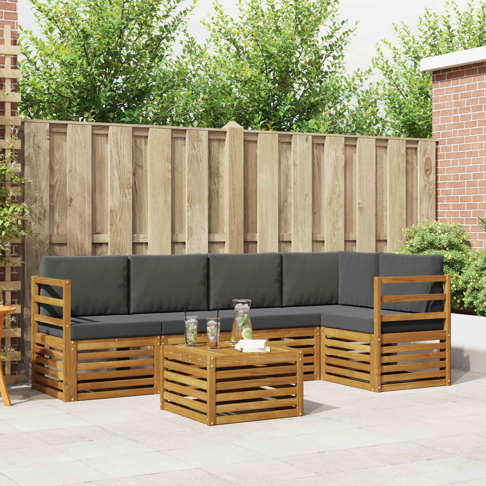 Hoekbank Set 6 pcs Natuurlijk en Antraciet Massief Acaciahout is nu te koop bij PeponiXL, paradijselijk wonen!
