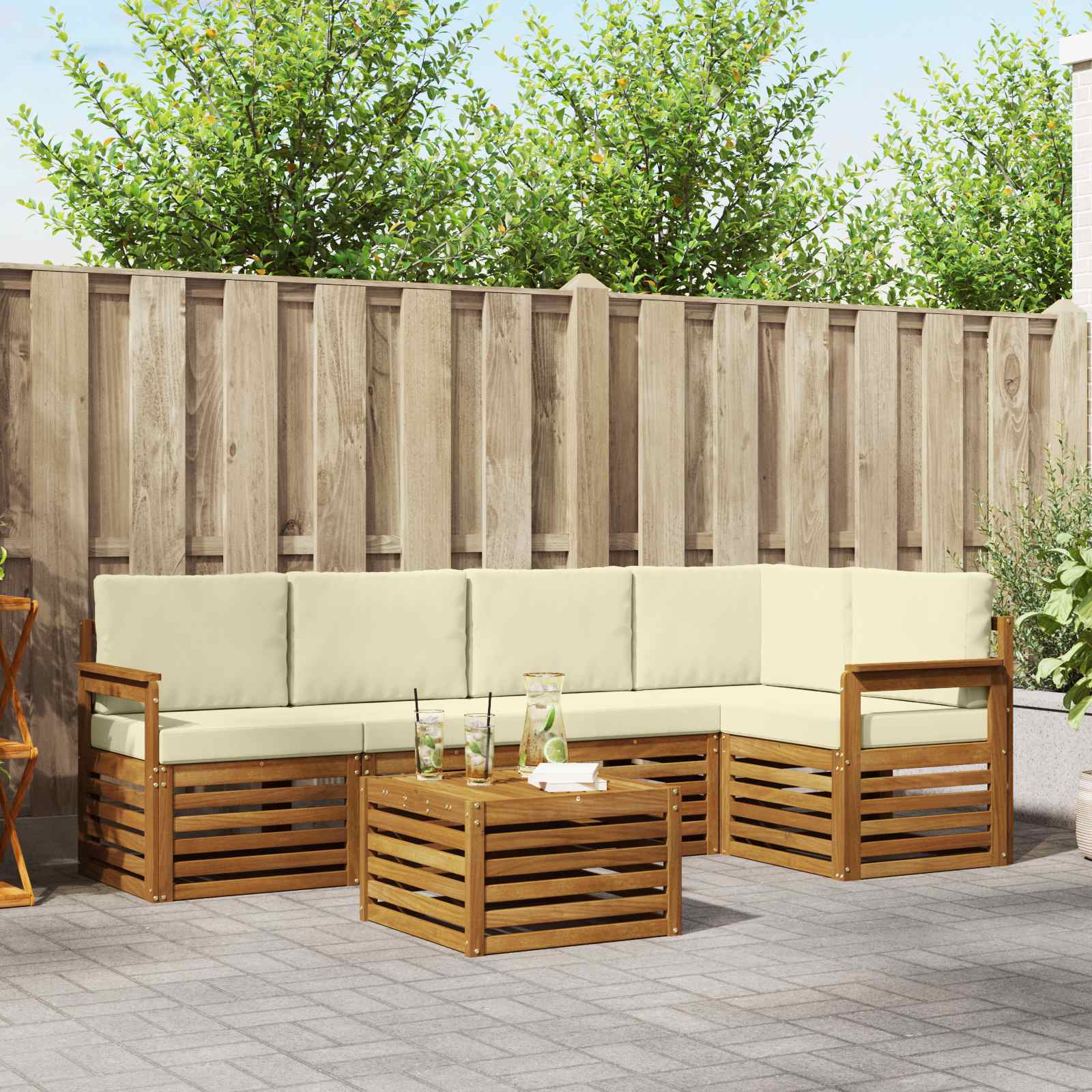 Hoekbank Set 6 pcs Natuurlijk en Crème Massief Acaciahout is nu te koop bij PeponiXL, paradijselijk wonen!