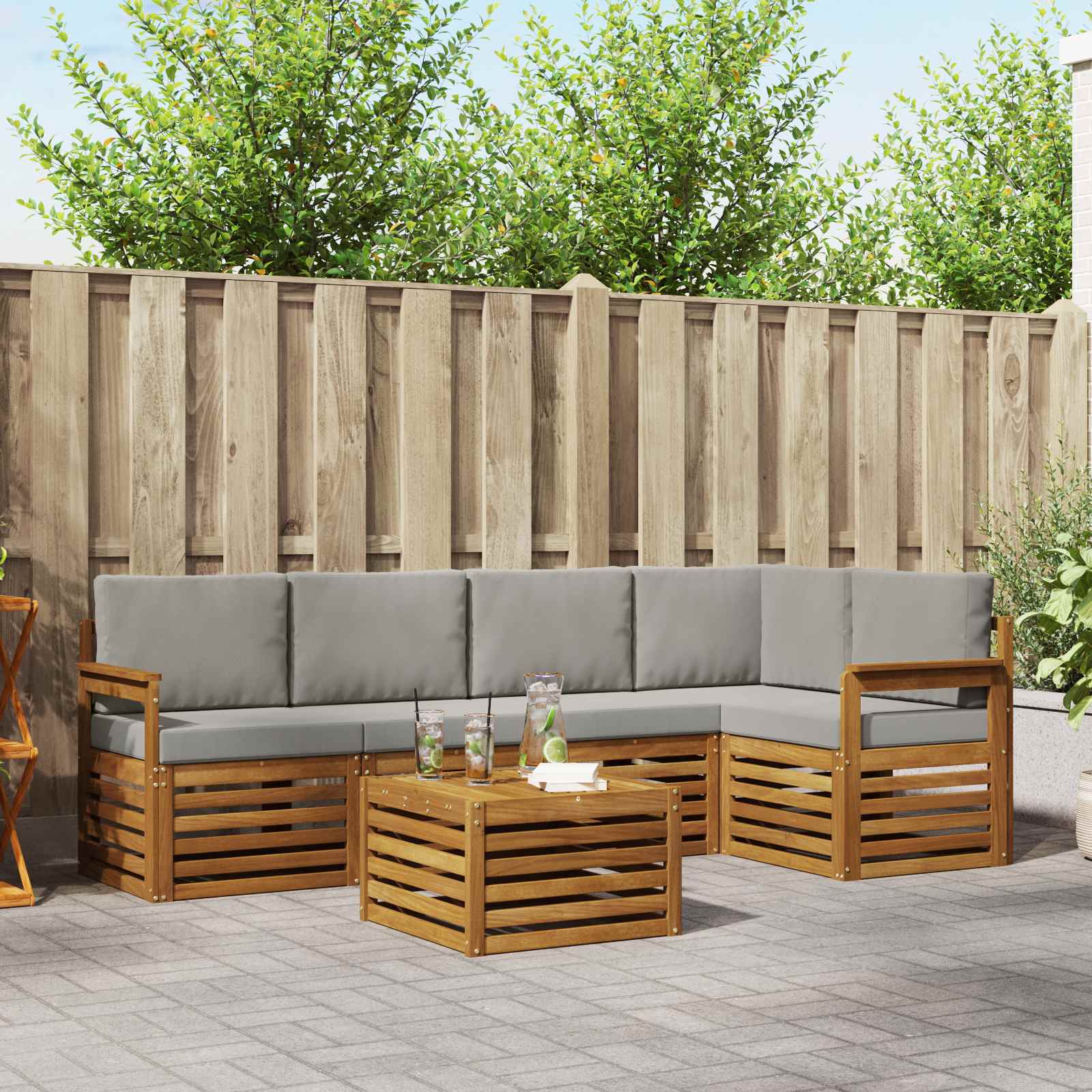 Hoekbank Set 6 pcs Natuurlijk en Lichtgrijs Massief Acaciahout is nu te koop bij PeponiXL, paradijselijk wonen!