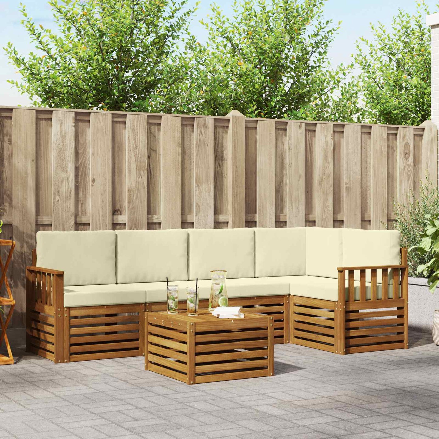 Hoekbank Set 6 pcs Natuurlijk en Crème Massief Acaciahout is nu te koop bij PeponiXL, paradijselijk wonen!