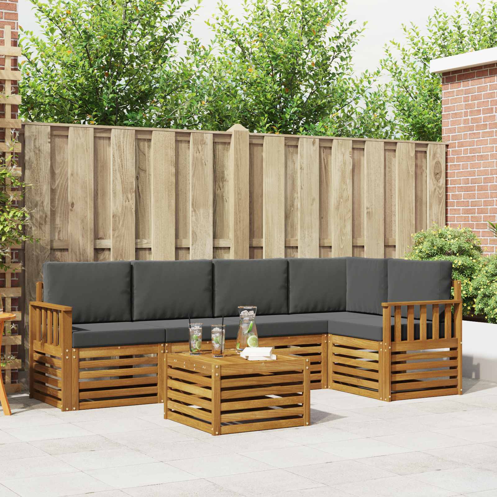 Hoekbank Set 6 pcs Natuurlijk en Antraciet Massief Acaciahout is nu te koop bij PeponiXL, paradijselijk wonen!