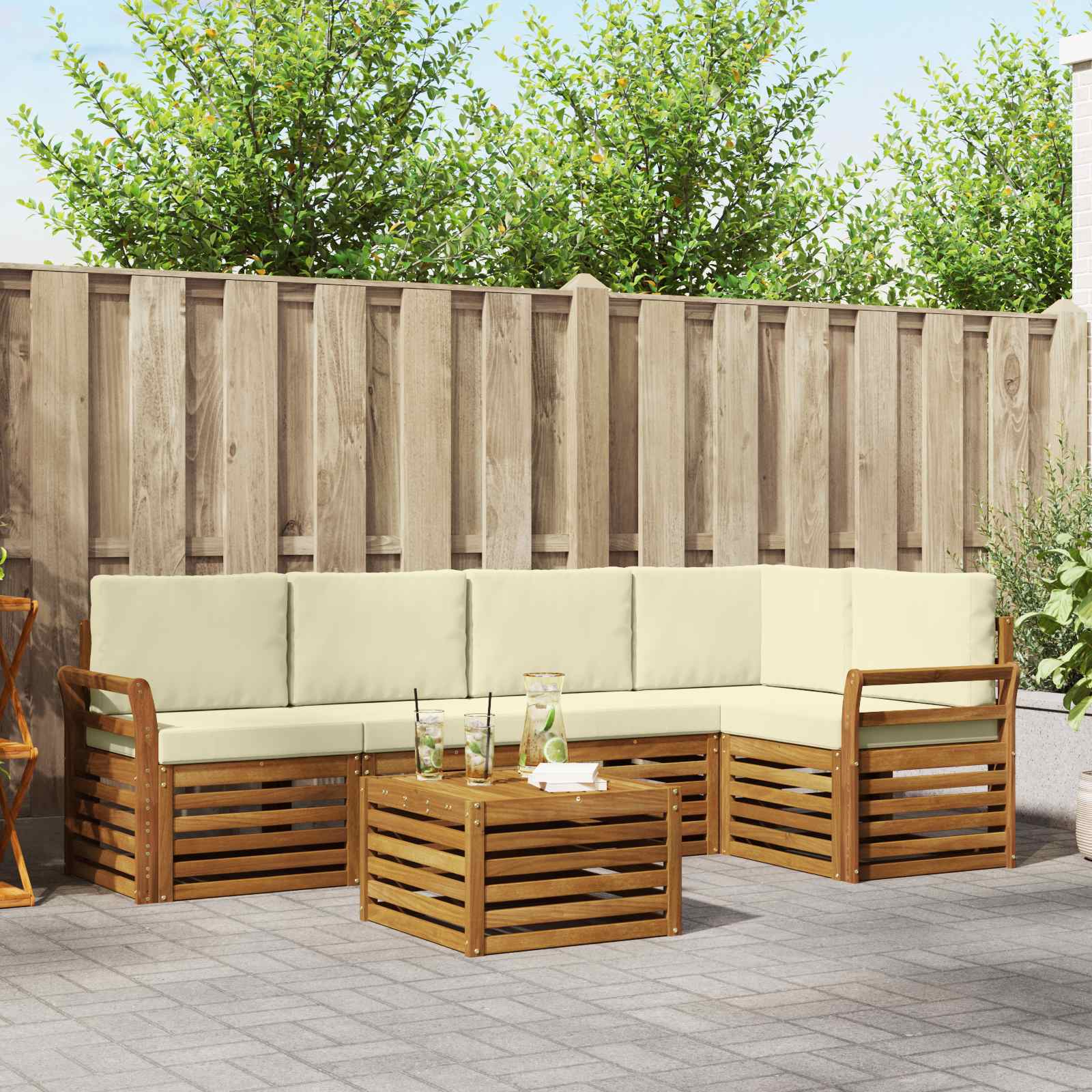 Hoekbank Set 6 pcs Natuurlijk en Crème Massief Acaciahout is nu te koop bij PeponiXL, paradijselijk wonen!
