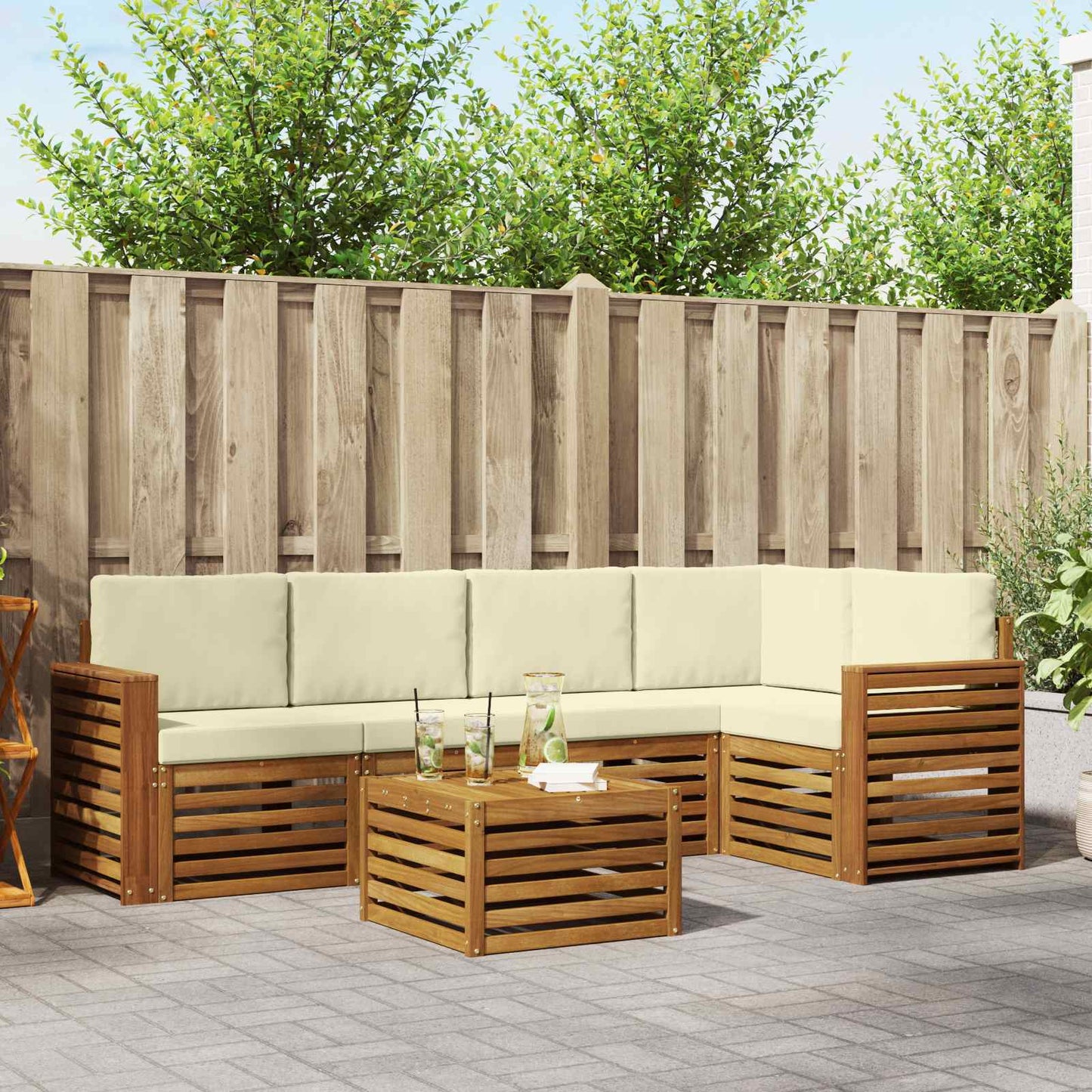 Hoekbank Set 6 pcs Natuurlijk en Crème Massief Acaciahout is nu te koop bij PeponiXL, paradijselijk wonen!