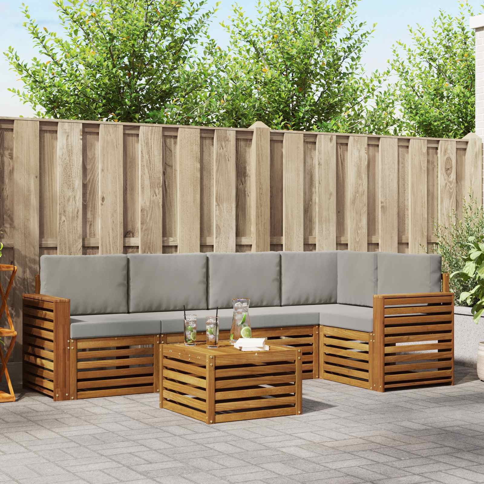 Hoekbank Set 6 pcs Natuurlijk en Lichtgrijs Massief Acaciahout is nu te koop bij PeponiXL, paradijselijk wonen!