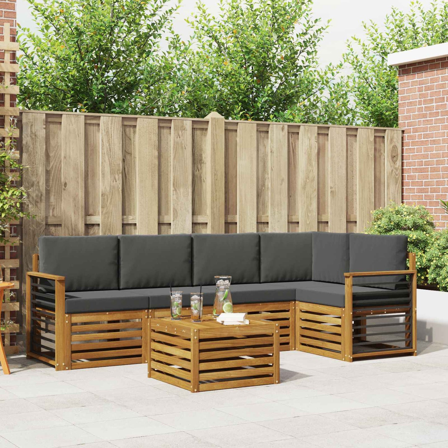 Hoekbank Set 6 pcs Natuurlijk en Antraciet Massief Acaciahout is nu te koop bij PeponiXL, paradijselijk wonen!