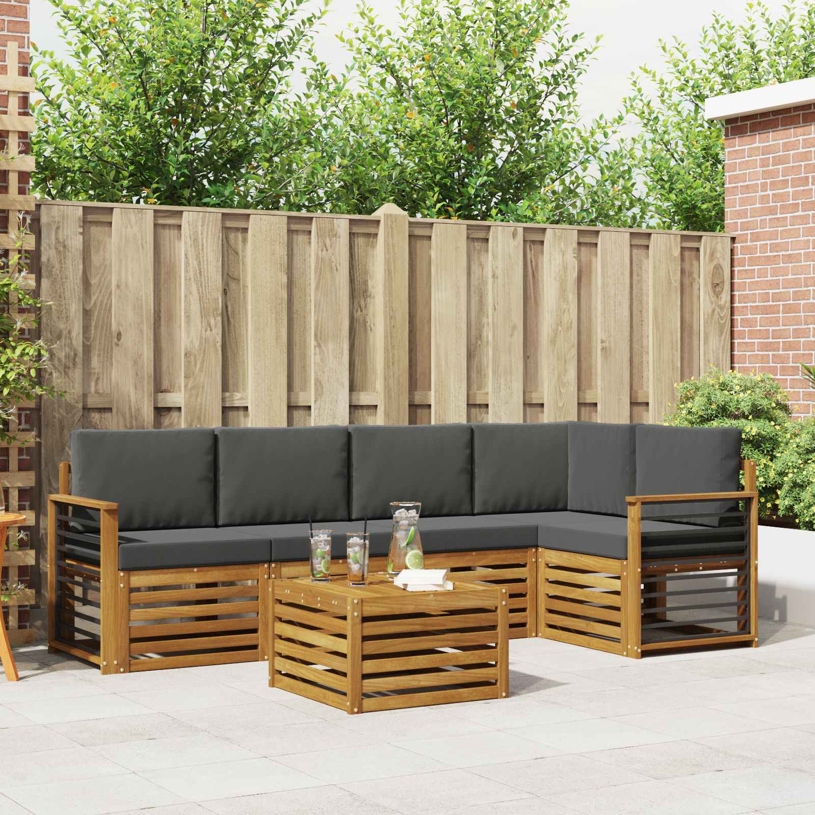 Hoekbank Set 6 pcs Natuurlijk en Antraciet Massief Acaciahout is nu te koop bij PeponiXL, paradijselijk wonen!