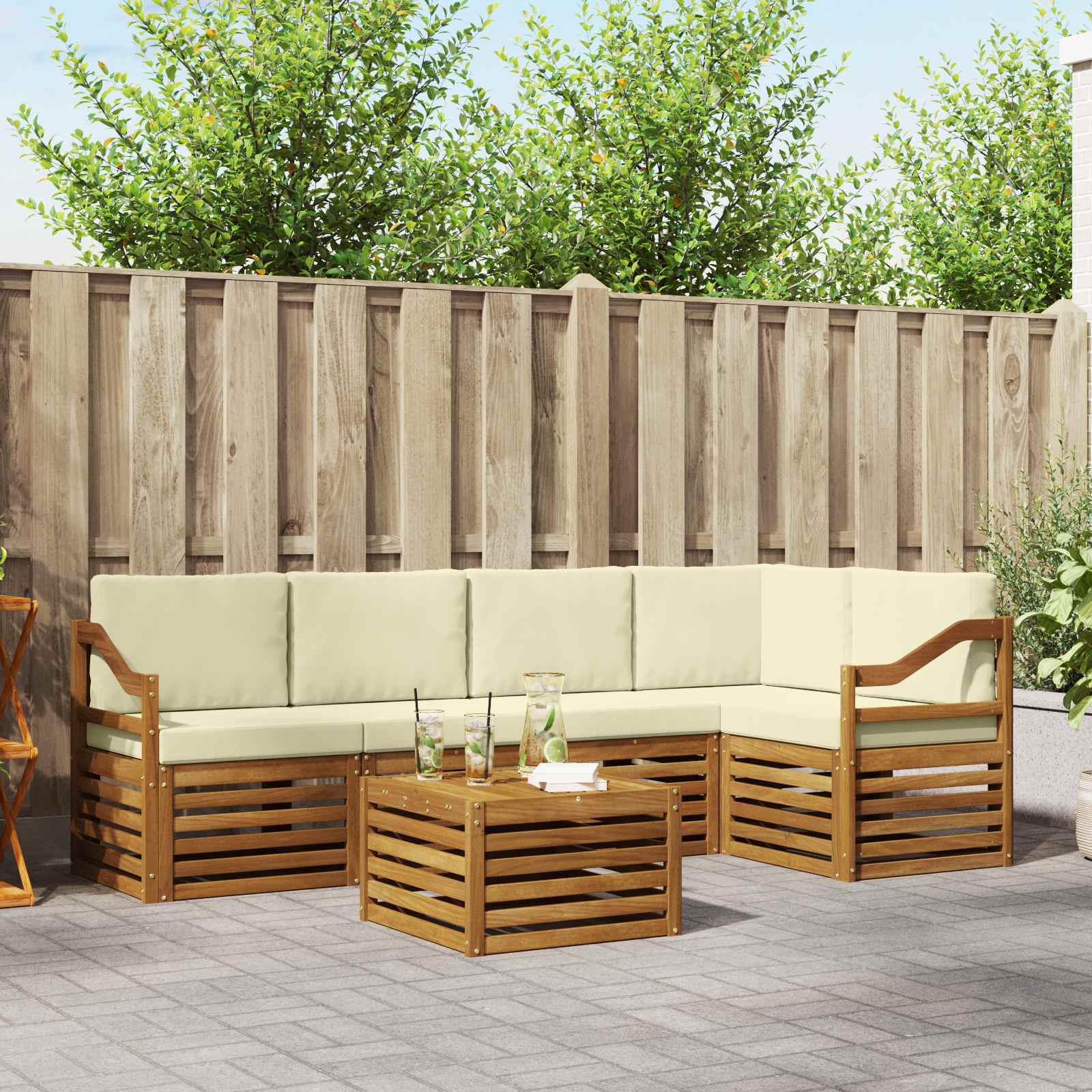 Hoekbank Set 6 pcs Natuurlijk en Crème Massief Acaciahout is nu te koop bij PeponiXL, paradijselijk wonen!