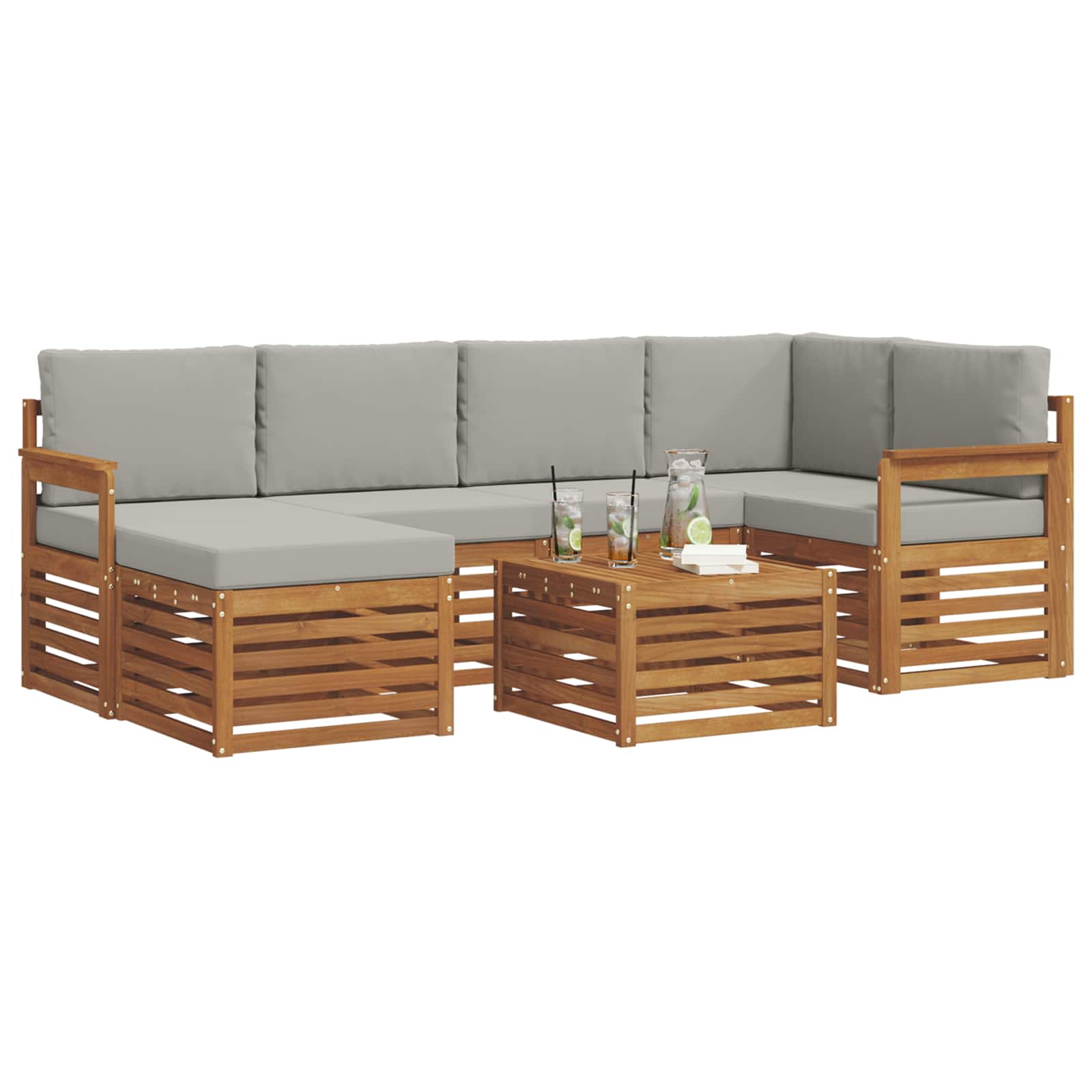Hoekbank Set 7 pcs Natuurlijk en Lichtgrijs Massief Acaciahout is nu te koop bij PeponiXL, paradijselijk wonen!