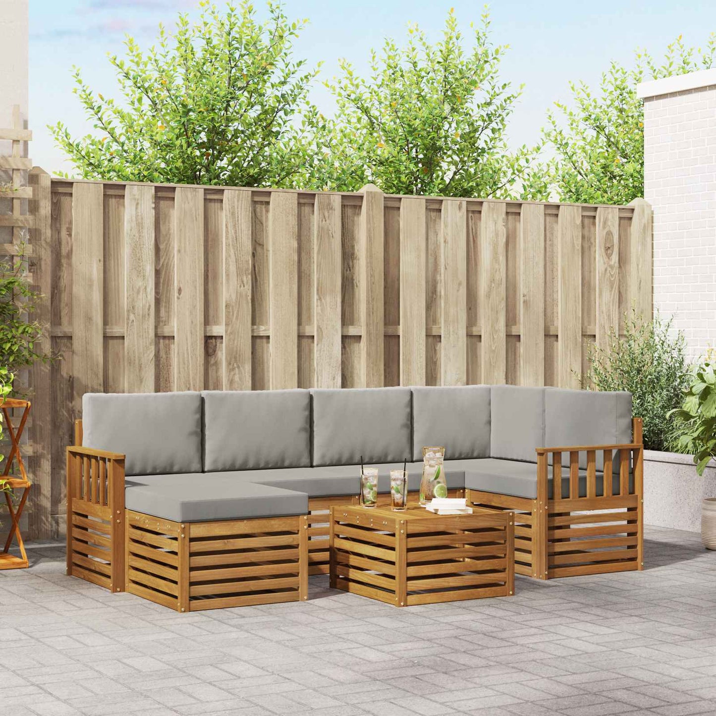 Hoekbank Set 7 pcs Natuurlijk en Lichtgrijs Massief Acaciahout is nu te koop bij PeponiXL, paradijselijk wonen!