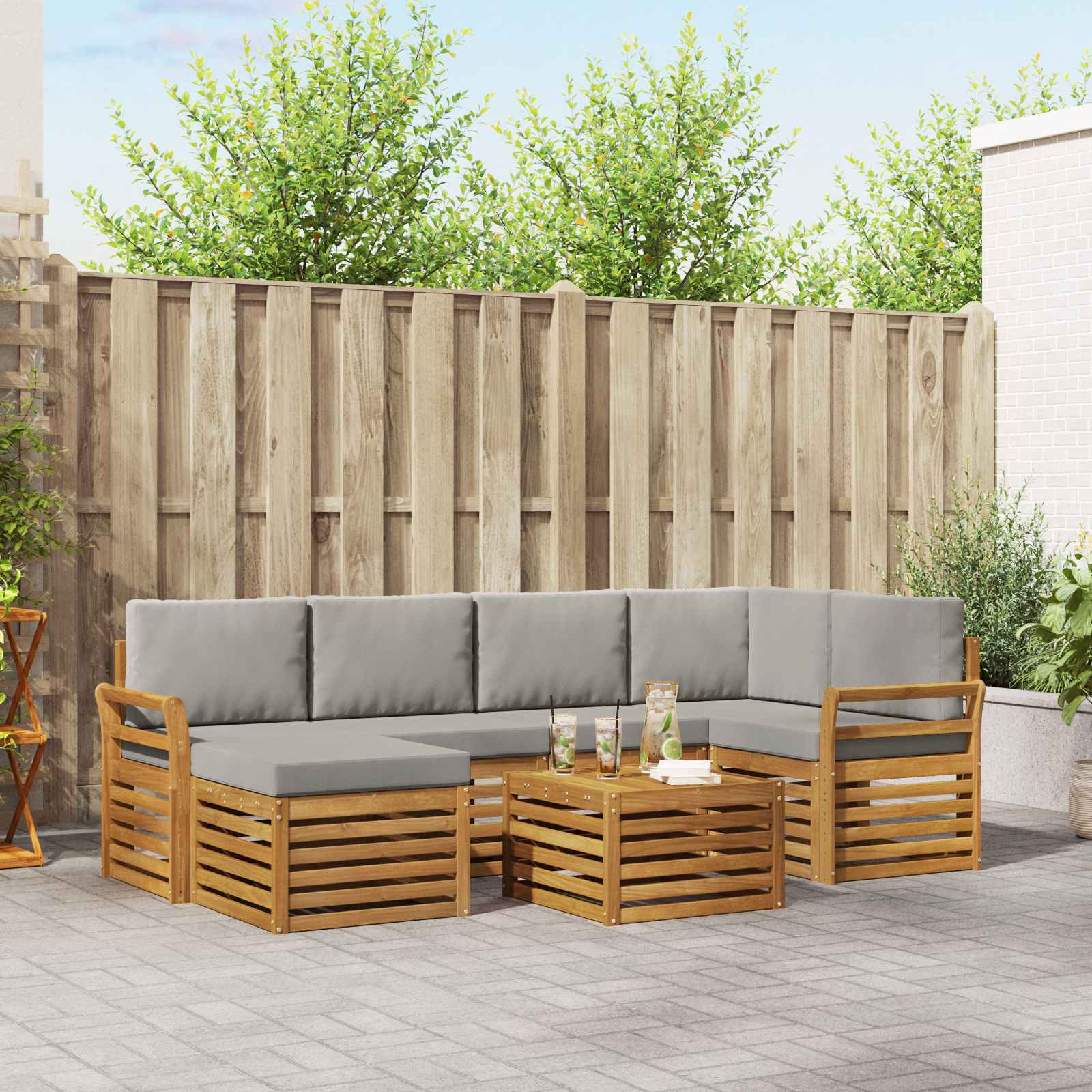 Hoekbank Set 7 pcs Natuurlijk en Lichtgrijs Massief Acaciahout is nu te koop bij PeponiXL, paradijselijk wonen!