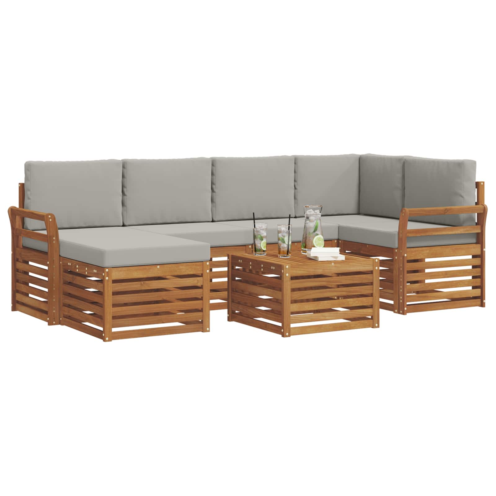 Hoekbank Set 7 pcs Natuurlijk en Lichtgrijs Massief Acaciahout is nu te koop bij PeponiXL, paradijselijk wonen!