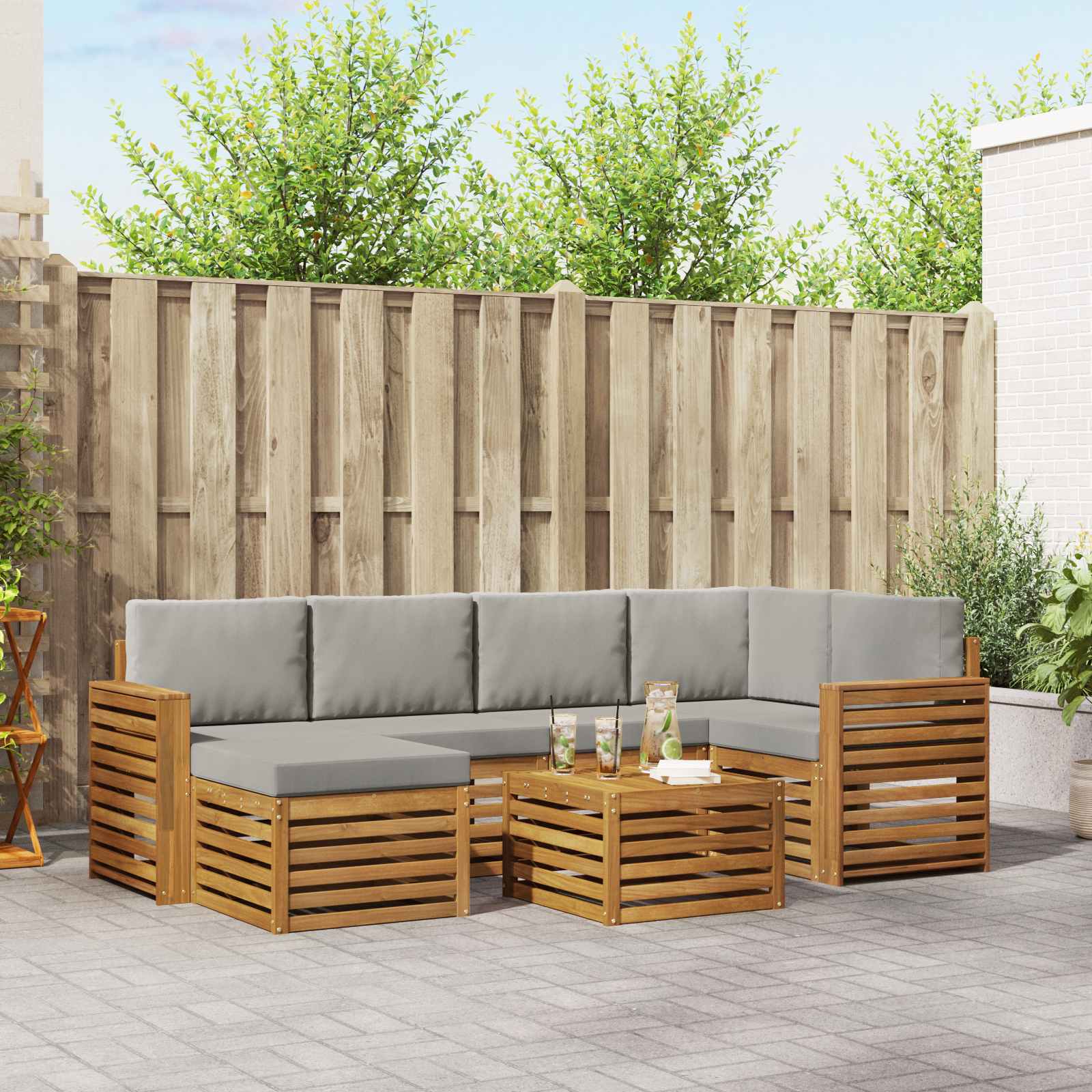 Hoekbank Set 7 pcs Natuurlijk en Lichtgrijs Massief Acaciahout is nu te koop bij PeponiXL, paradijselijk wonen!