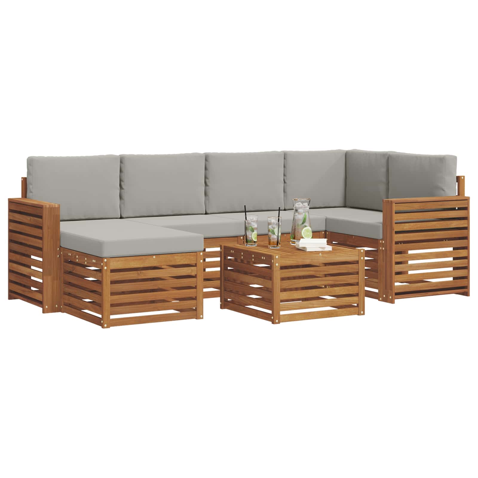 Hoekbank Set 7 pcs Natuurlijk en Lichtgrijs Massief Acaciahout is nu te koop bij PeponiXL, paradijselijk wonen!
