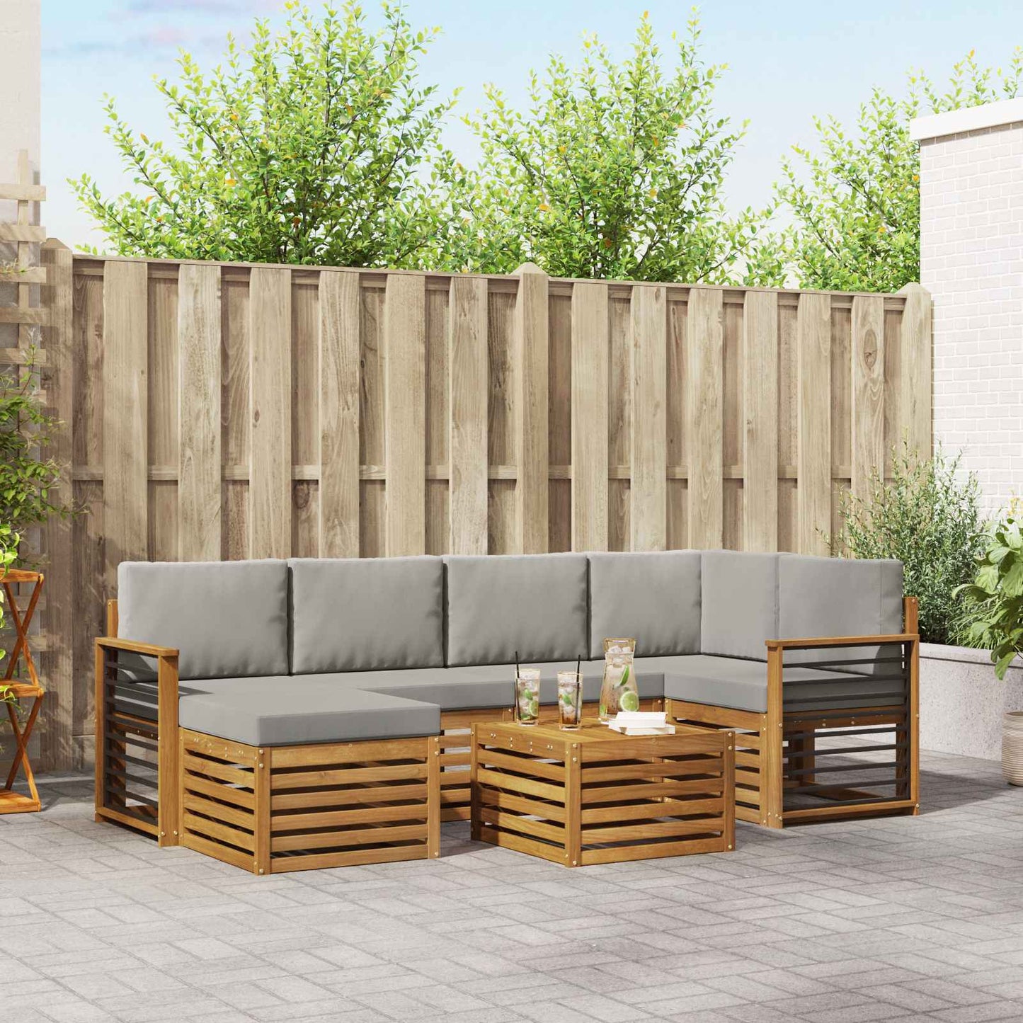 Hoekbank Set 7 pcs Natuurlijk en Lichtgrijs Massief Acaciahout is nu te koop bij PeponiXL, paradijselijk wonen!