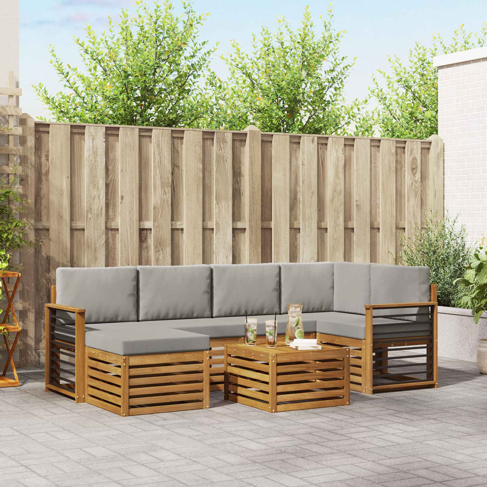 Hoekbank Set 7 pcs Natuurlijk en Lichtgrijs Massief Acaciahout is nu te koop bij PeponiXL, paradijselijk wonen!