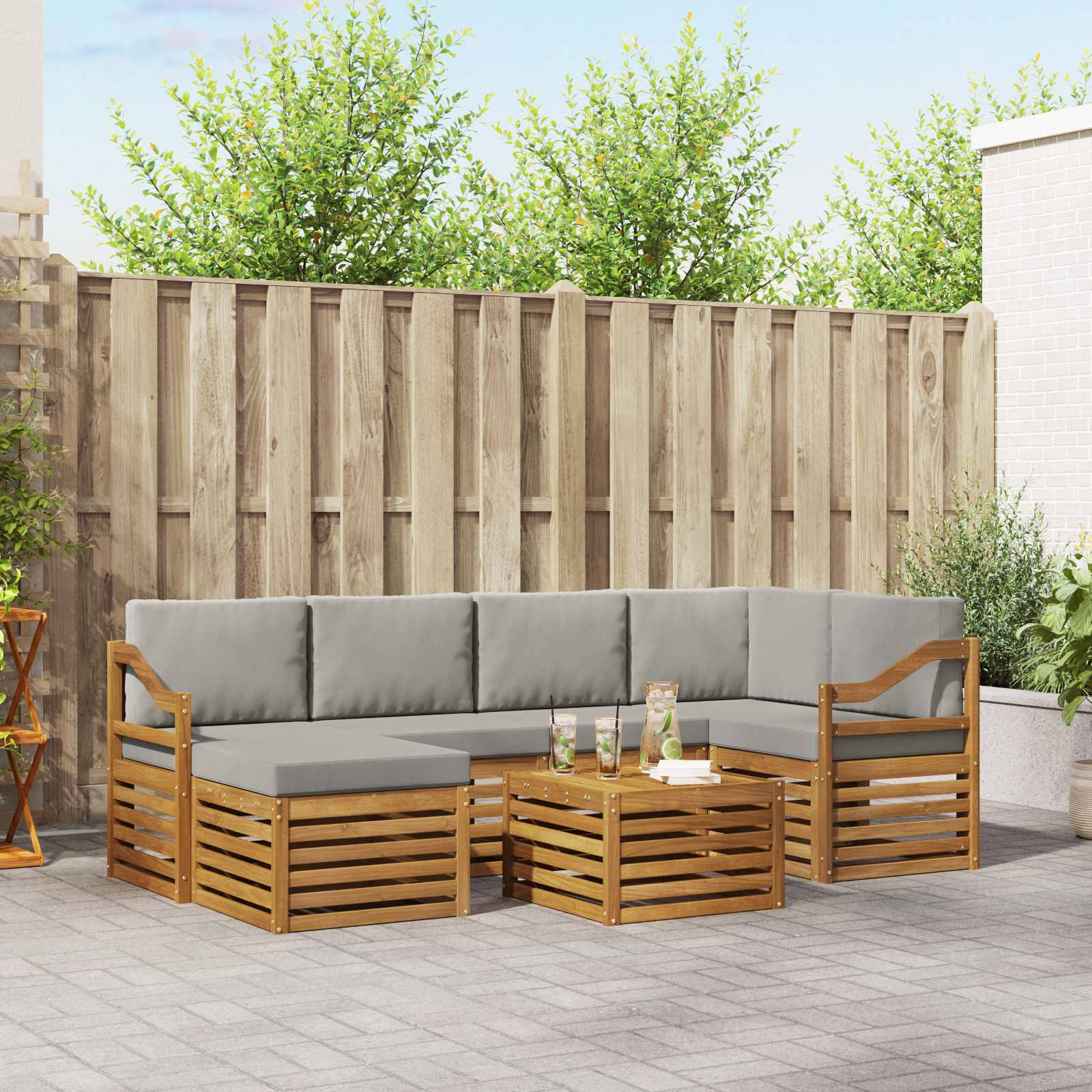 Hoekbank Set 7 pcs Natuurlijk en Lichtgrijs Massief Acaciahout is nu te koop bij PeponiXL, paradijselijk wonen!
