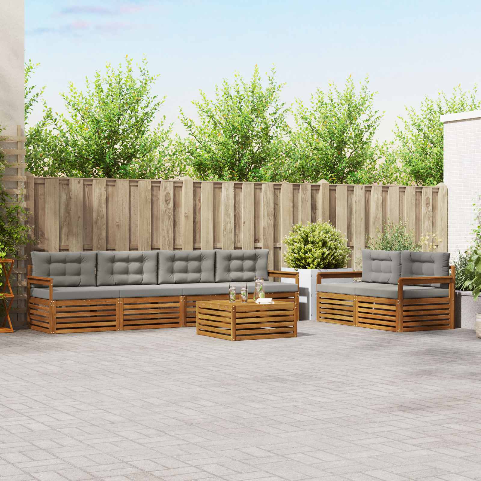 Buiten bankenset met kussen 7 pcs Natuurlijk en Lichtgrijs is nu te koop bij PeponiXL, paradijselijk wonen!