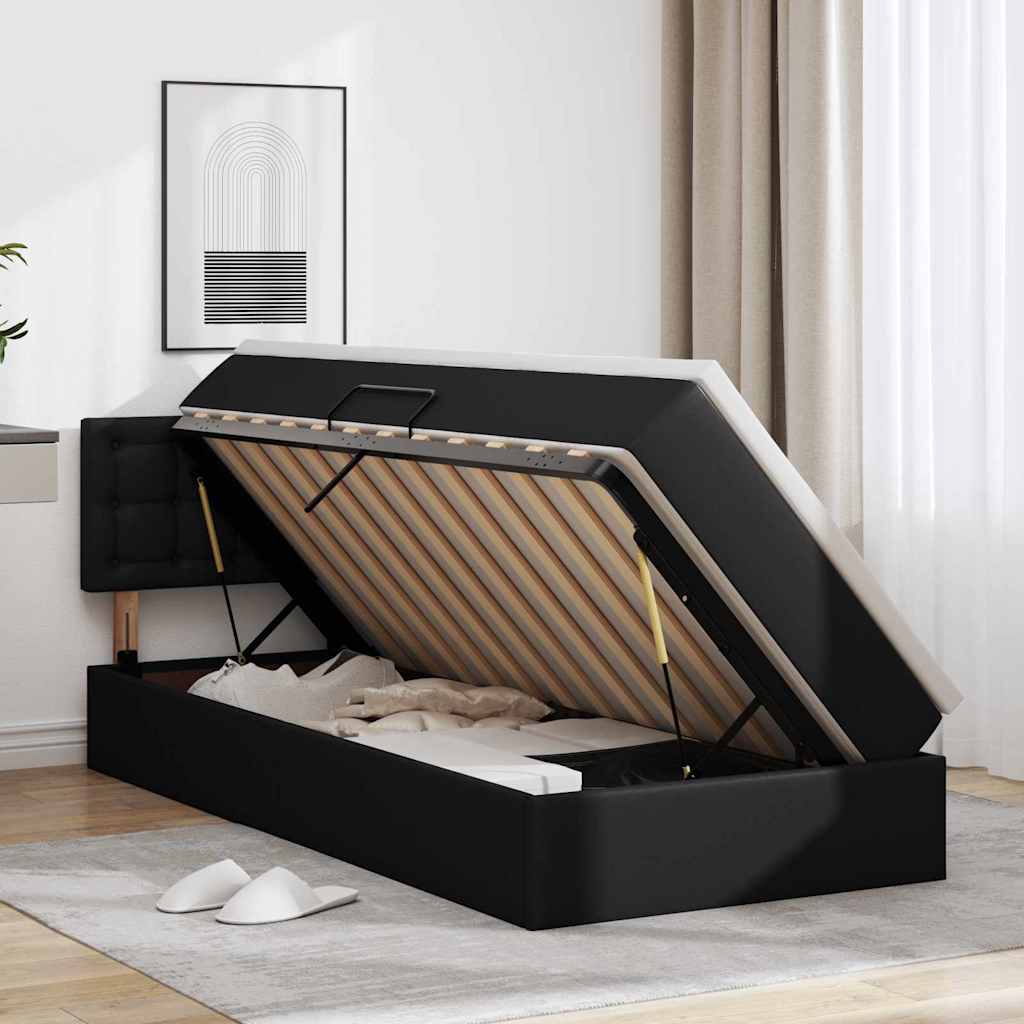 Opbergbed met LED met matras Zwart 100 x 200 cm Nep Leer is nu te koop bij PeponiXL, paradijselijk wonen!